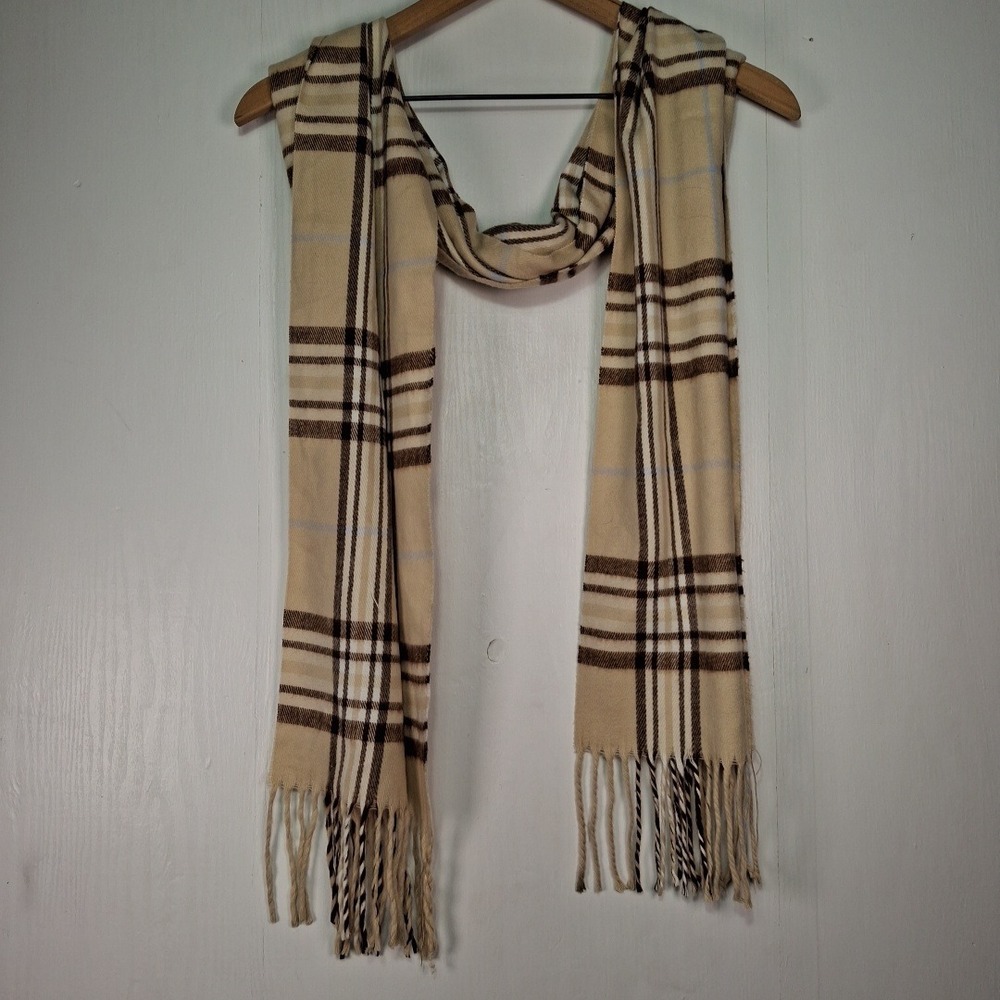 100% Cashmere Scarf Made in Scotland Tan Brown Plaid Check Fringe Winter Wrap